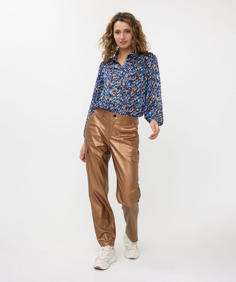 Gold Vegan Leather Cargo Trousers with Pocket Detail