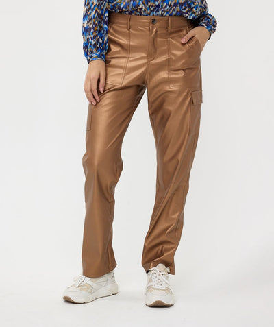 Gold Vegan Leather Cargo Trousers with Pocket Detail