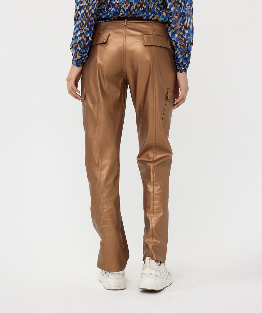 Gold Vegan Leather Cargo Trousers with Pocket Detail