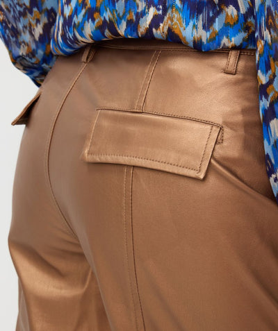 Gold Vegan Leather Cargo Trousers with Pocket Detail