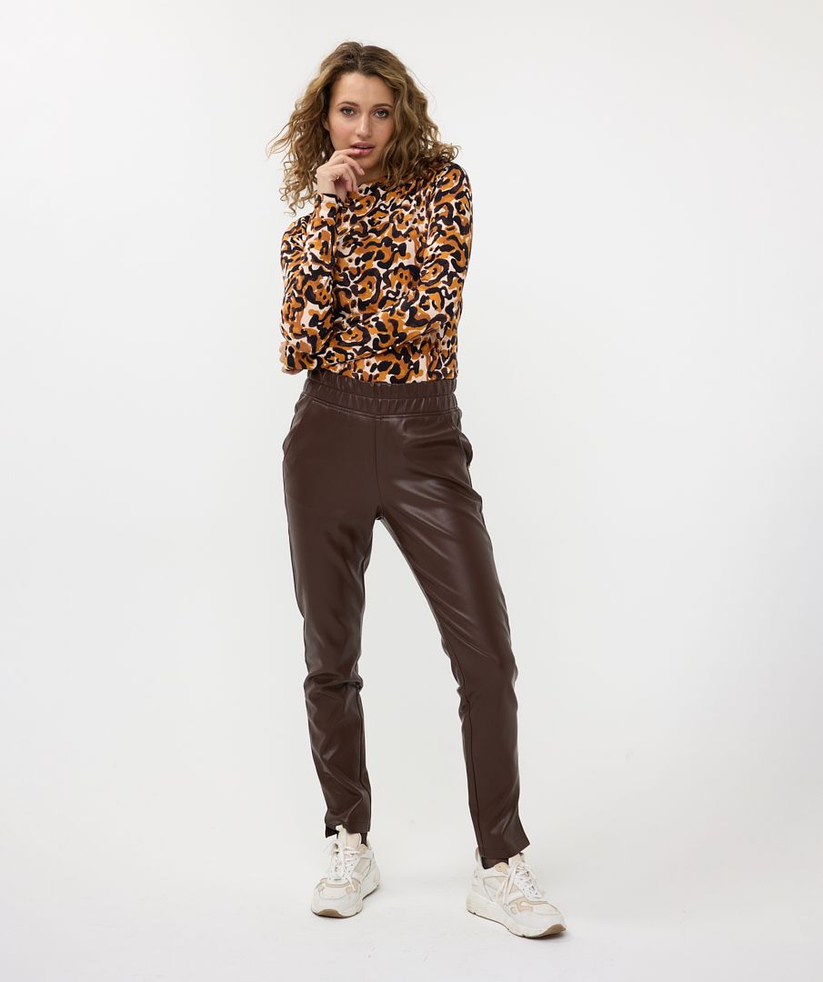 Chocolate Brown Vegan Leather Trouser with Elasticated Waistband