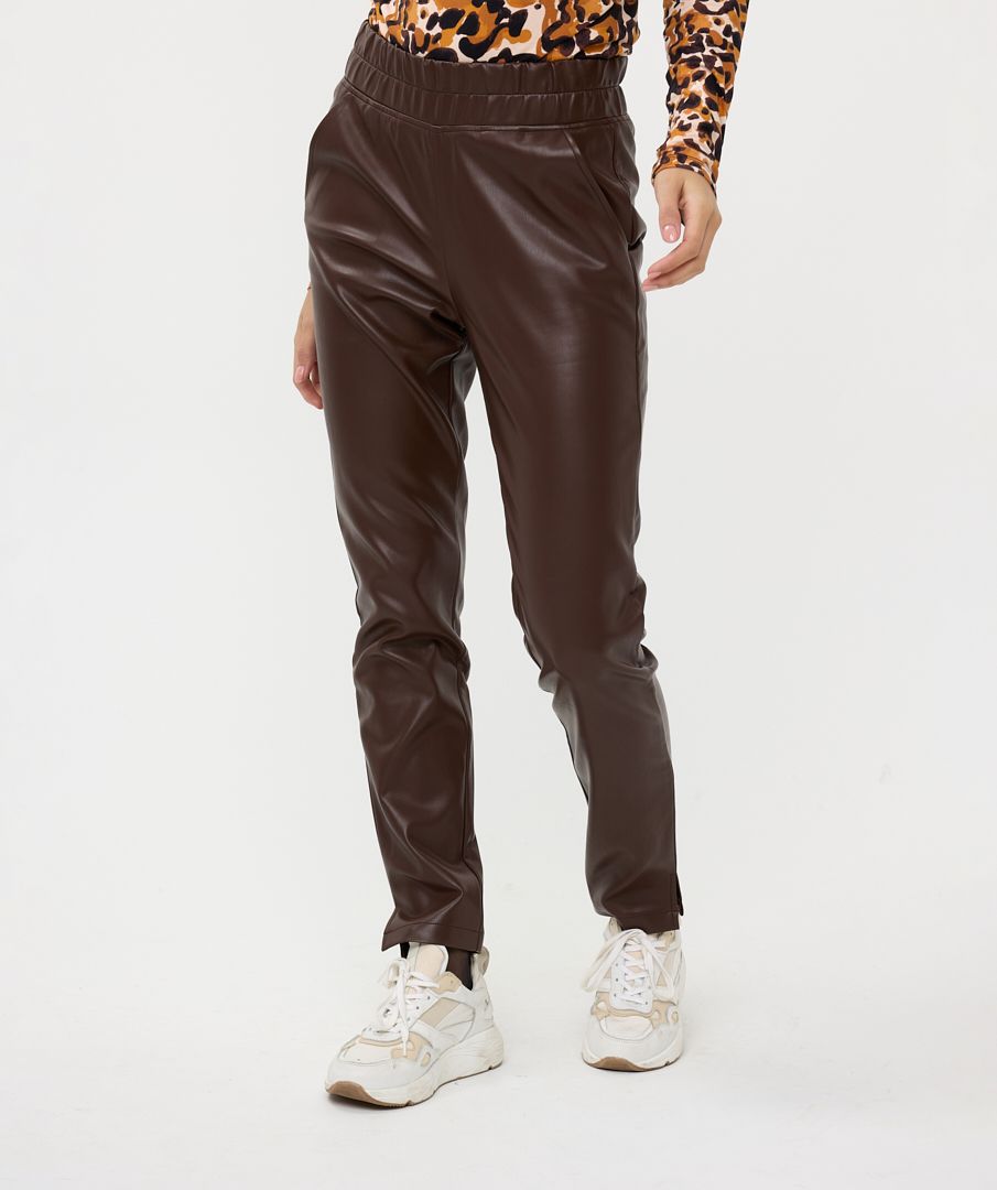 Chocolate Brown Vegan Leather Trouser with Elasticated Waistband