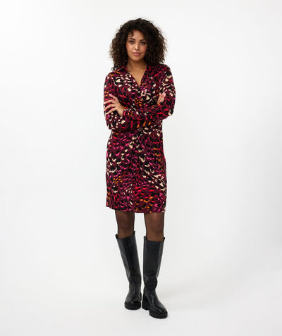 Multicoloured Long Sleeved V-Neck Dress with Knot Detail