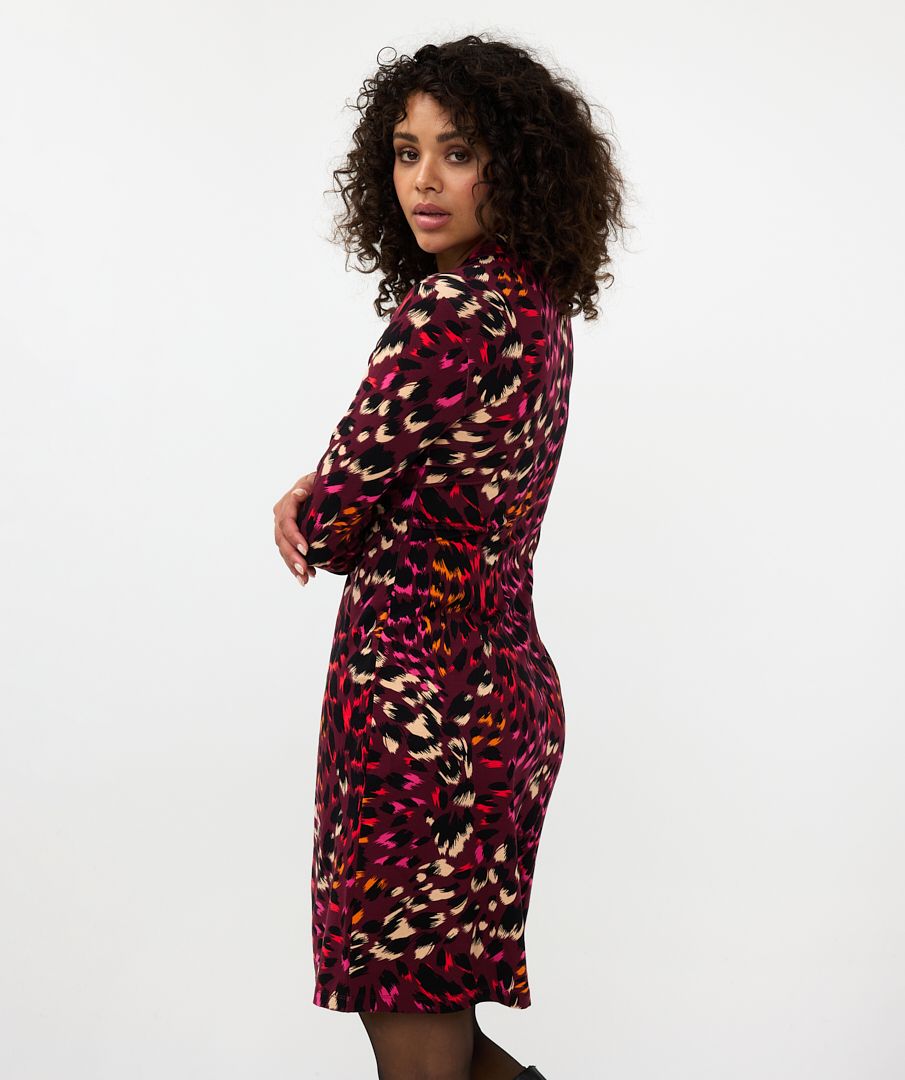 Multicoloured Long Sleeved V-Neck Dress with Knot Detail