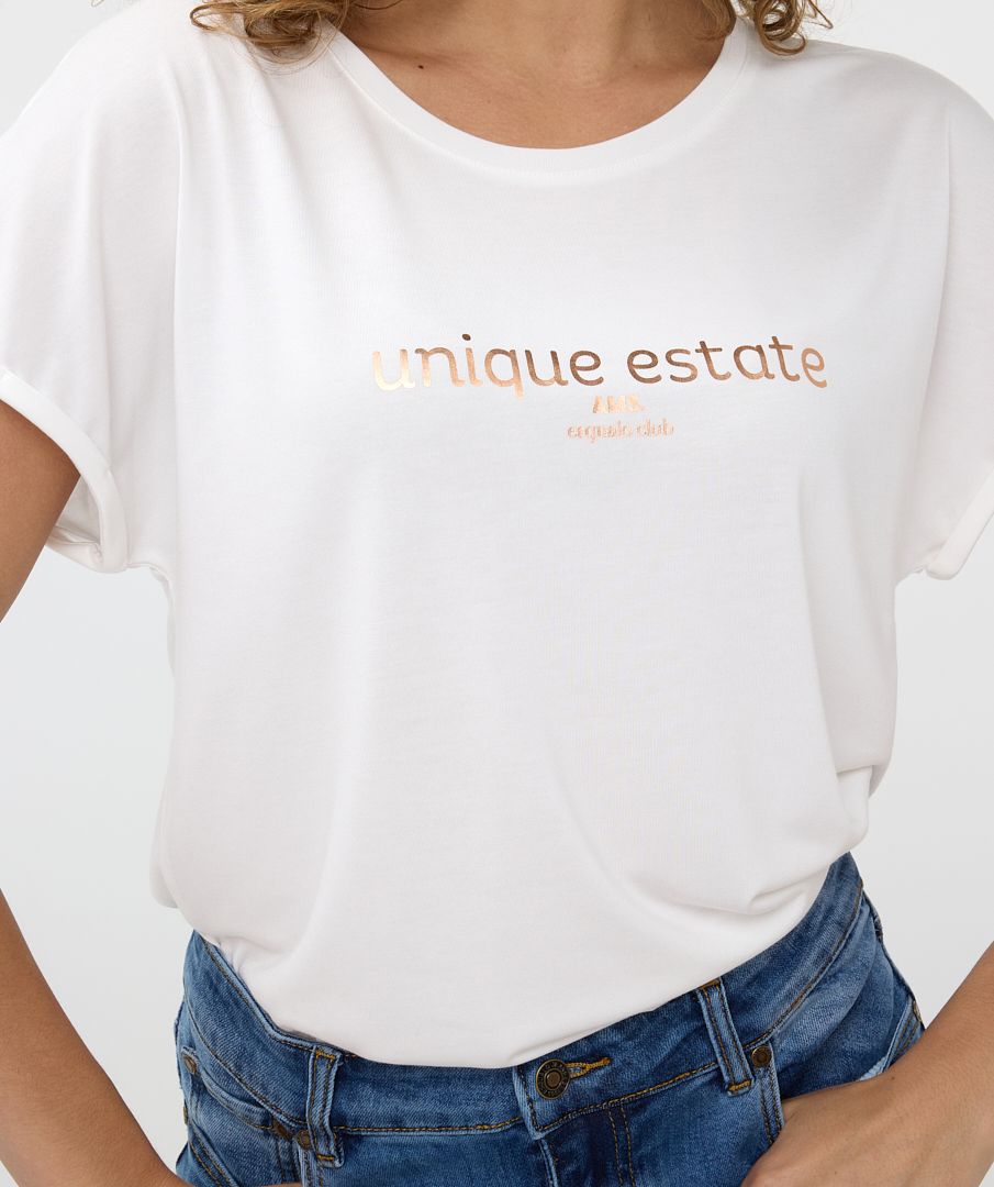 Off White Round Neck T-Shirt with Gold 'Unique Estate' Print