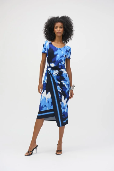 Joseph Ribkoff Blue and Vanilla Silky Knit Tropical Print Dress