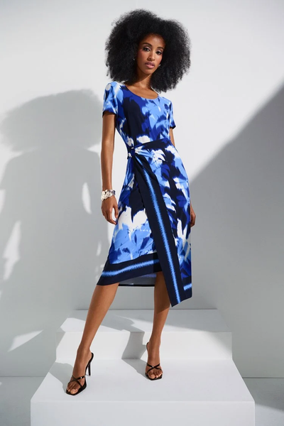 Joseph Ribkoff Blue and Vanilla Silky Knit Tropical Print Dress