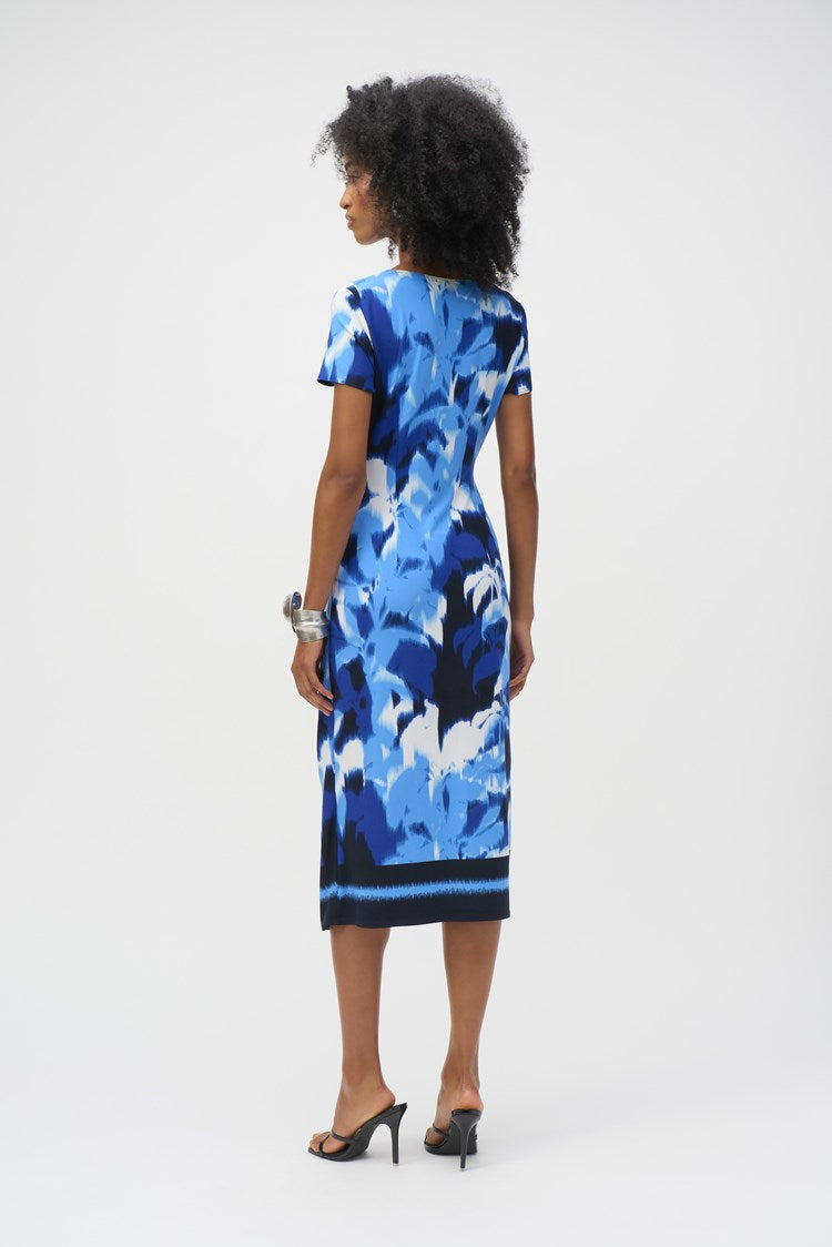 Joseph Ribkoff Blue and Vanilla Silky Knit Tropical Print Dress