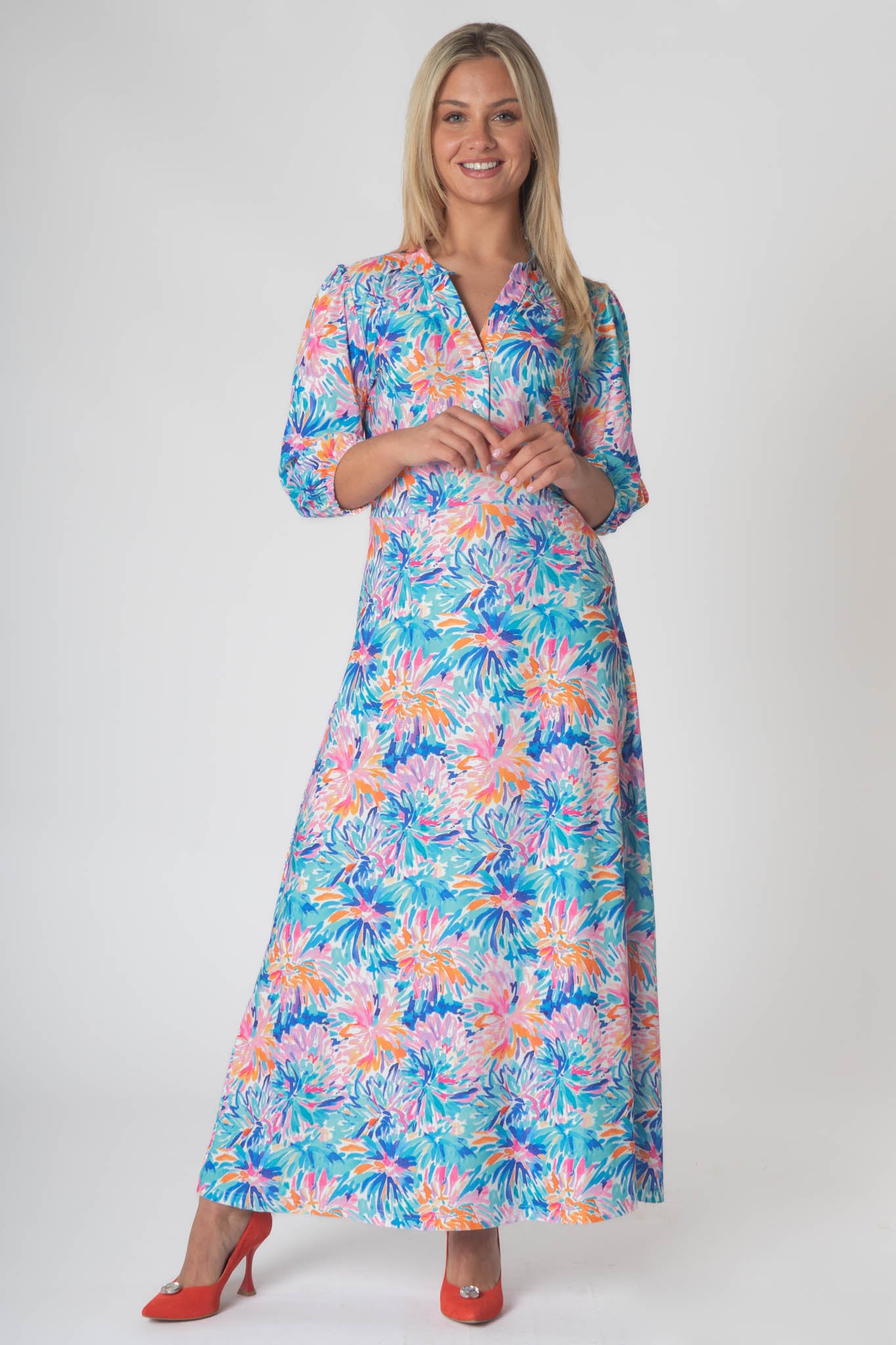 Macy Maxi Dress with Mini V-neck & Buttons - Blue Floral