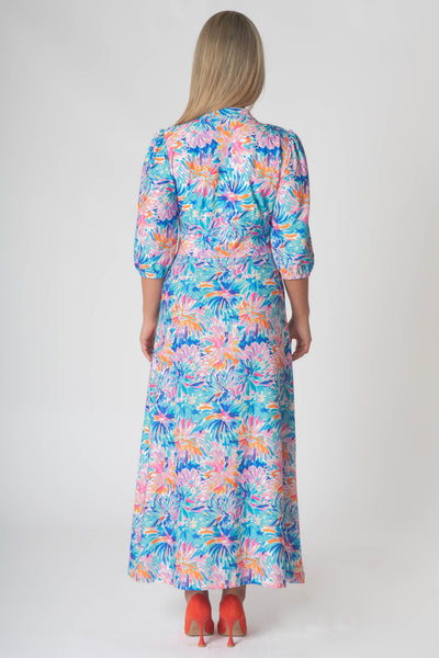 Macy Maxi Dress with Mini V-neck & Buttons - Blue Floral