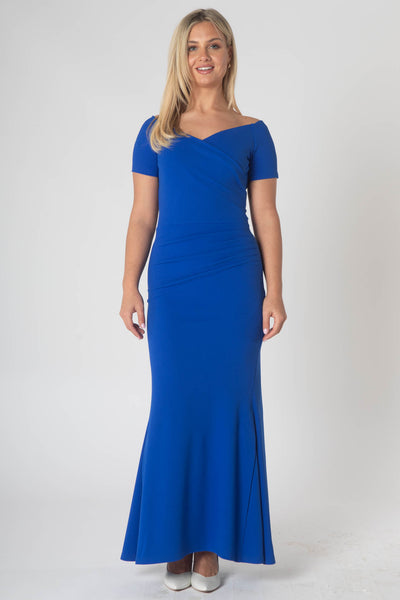 Brodie Maxi Dress With Short Sleeves & Ruching On Waist - Blue