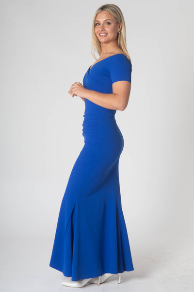 Brodie Maxi Dress With Short Sleeves & Ruching On Waist - Blue