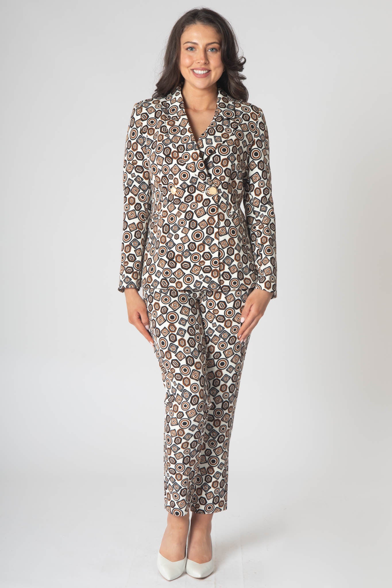 2 Piece Monroe Printed Trouser Suit - Brown & White