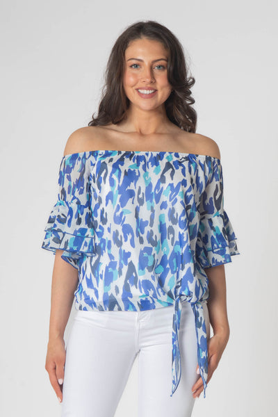 Pippa Gathered Round Neck Top With Tie Hem - Blue Pastel