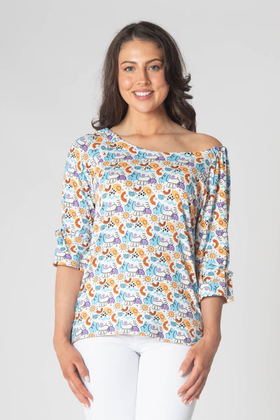 Olie Printed Long Sleeve Top With Round Neck - Blue & Yellow