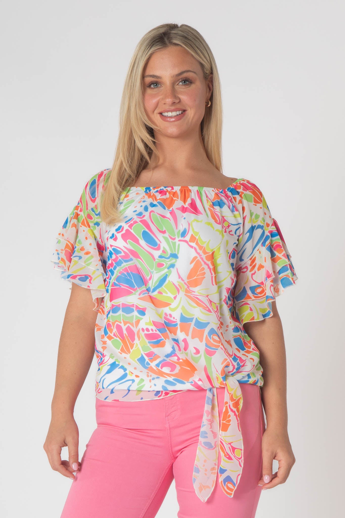 Pippa Gathered Round Neck Top With Tie Hem - Multicolor