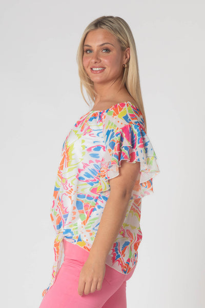 Pippa Gathered Round Neck Top With Tie Hem - Multicolor