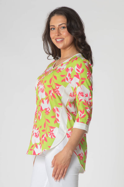 Paige V-Neck Top With White Trim - Green & Pink