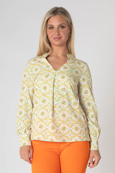 Raven Printed Top With Grandfather Collar - Lime & Orange