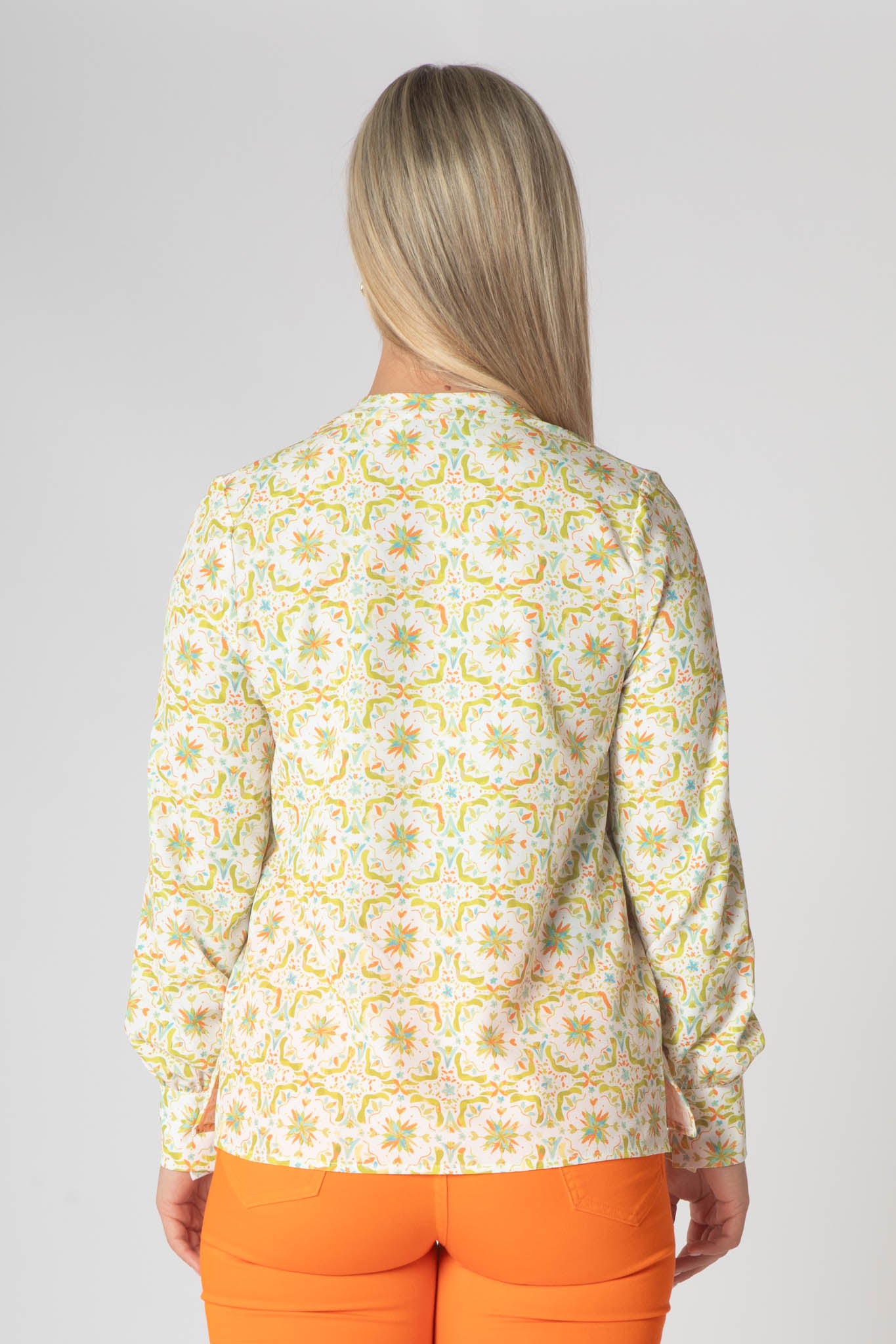 Raven Printed Top With Grandfather Collar - Lime & Orange