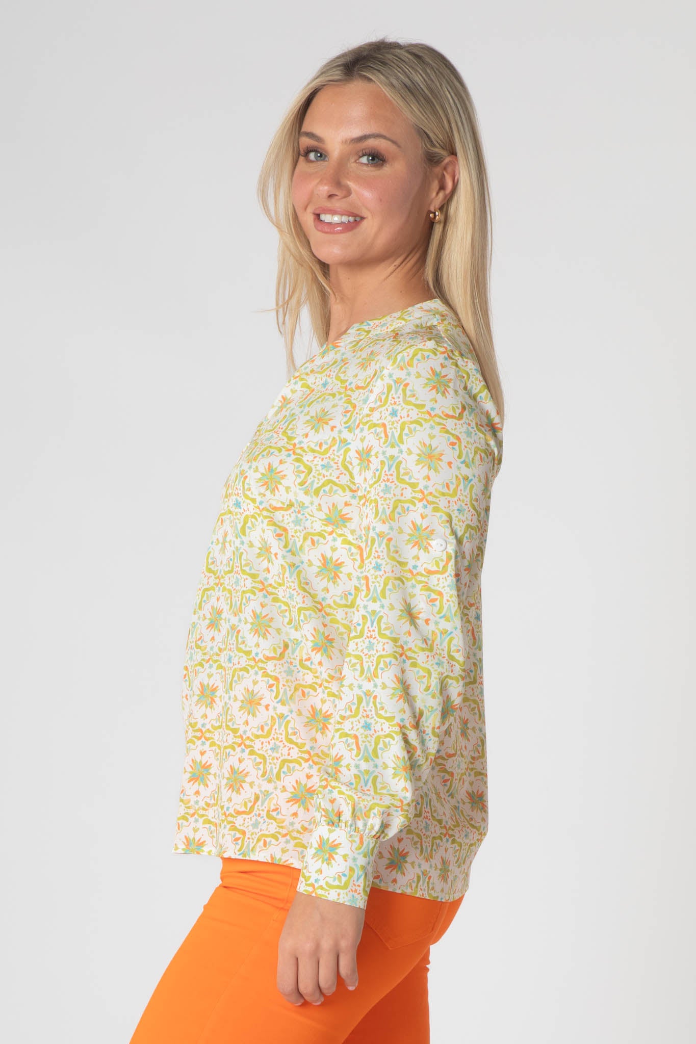 Raven Printed Top With Grandfather Collar - Lime & Orange