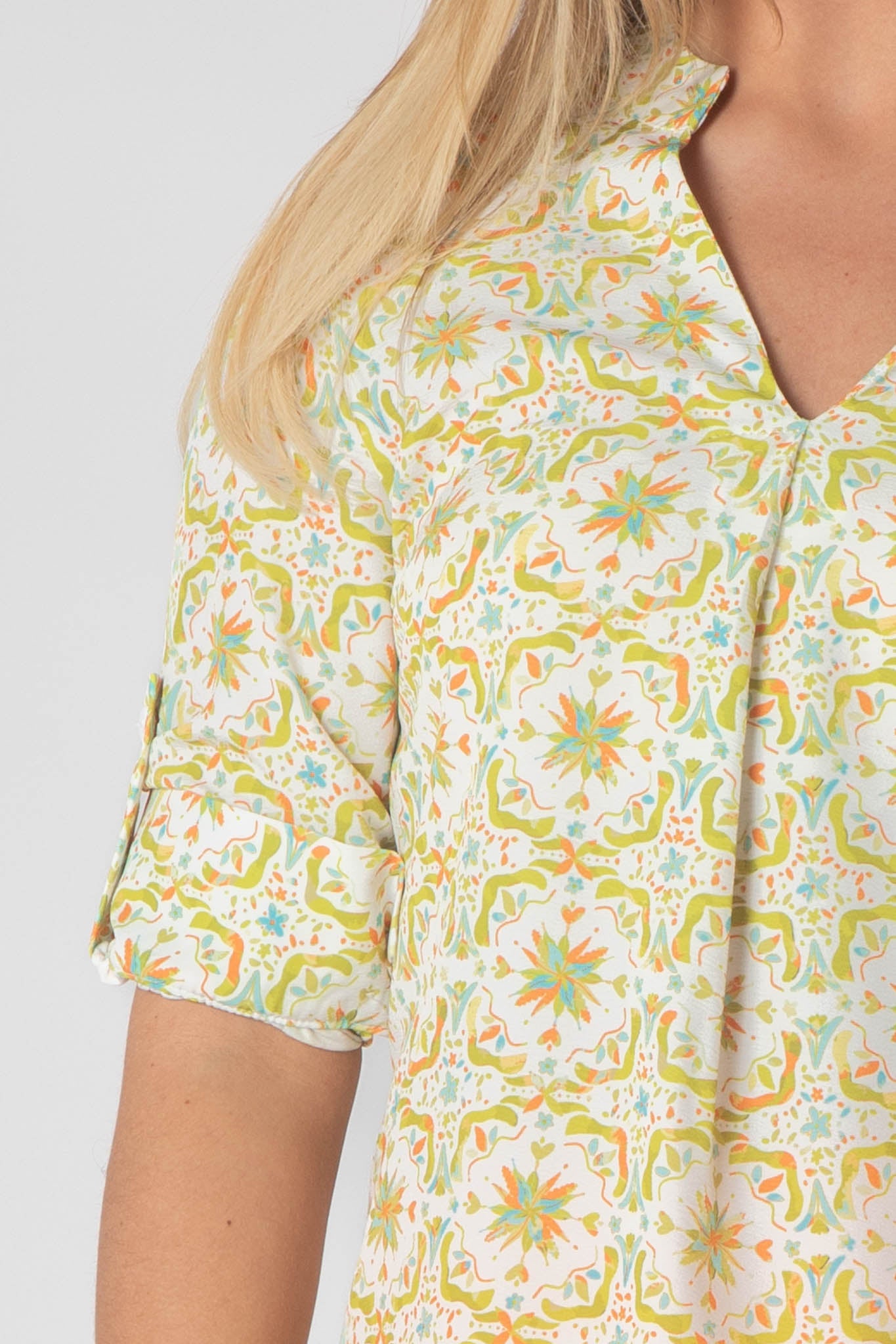 Raven Printed Top With Grandfather Collar - Lime & Orange