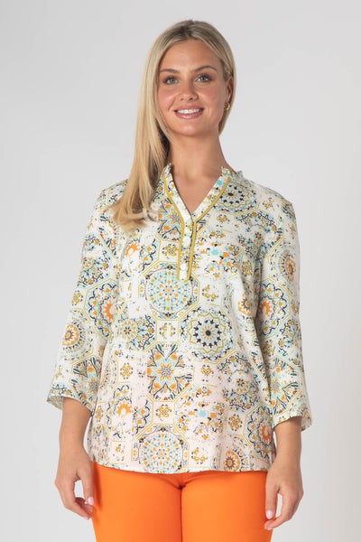 Tiara Printed Top With Grandfather Collar - White & Blue