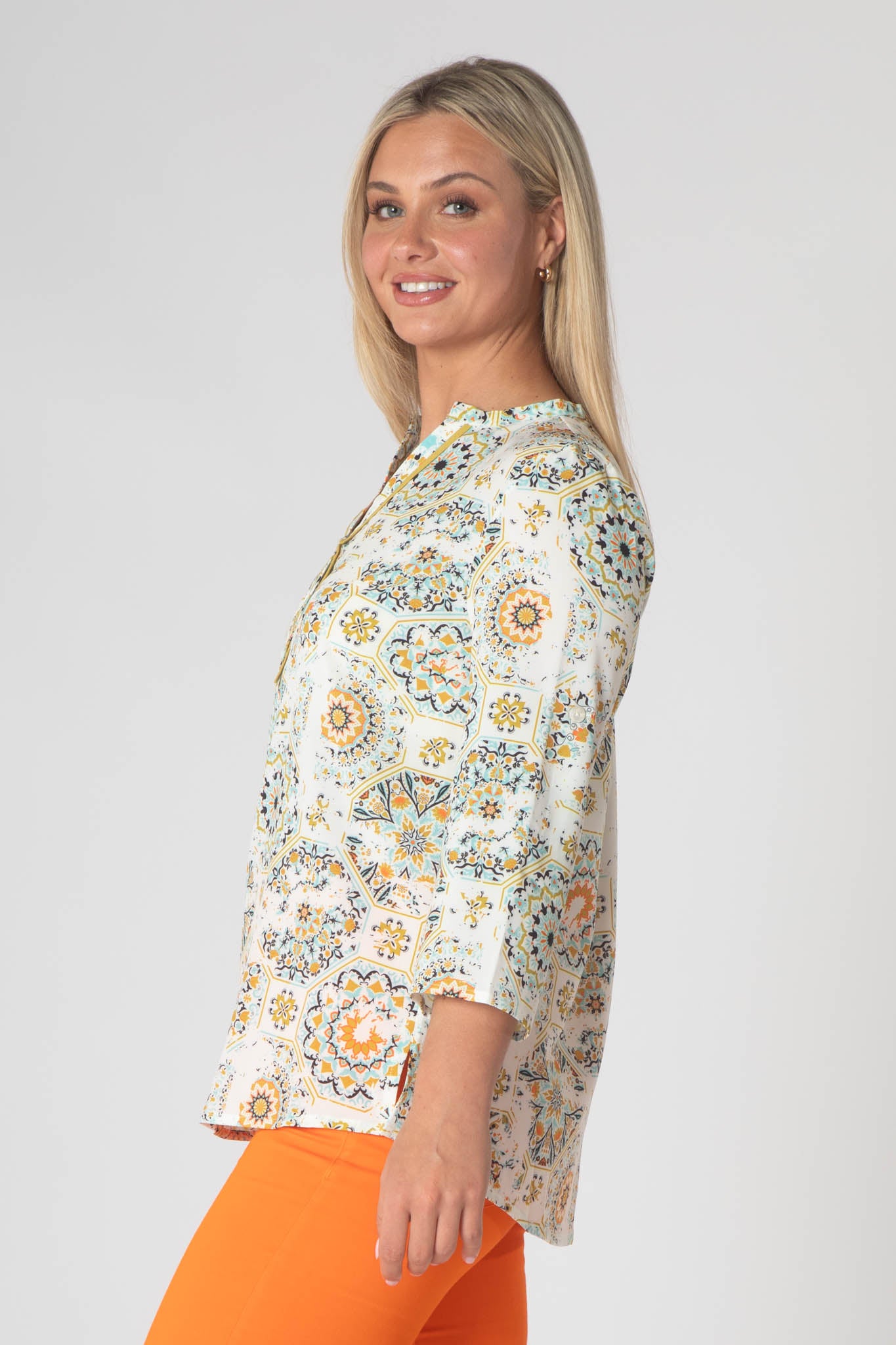 Tiara Printed Top With Grandfather Collar - White & Blue