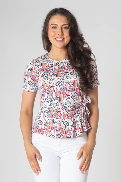 Esper Printed Top With Tie Hem and Short Sleeves - Red & Dark Blue