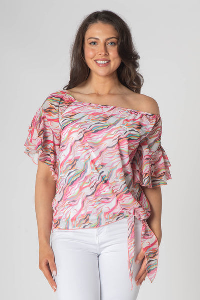 Pippa Gathered Round Neck Top With Tie Hem - Pink & White