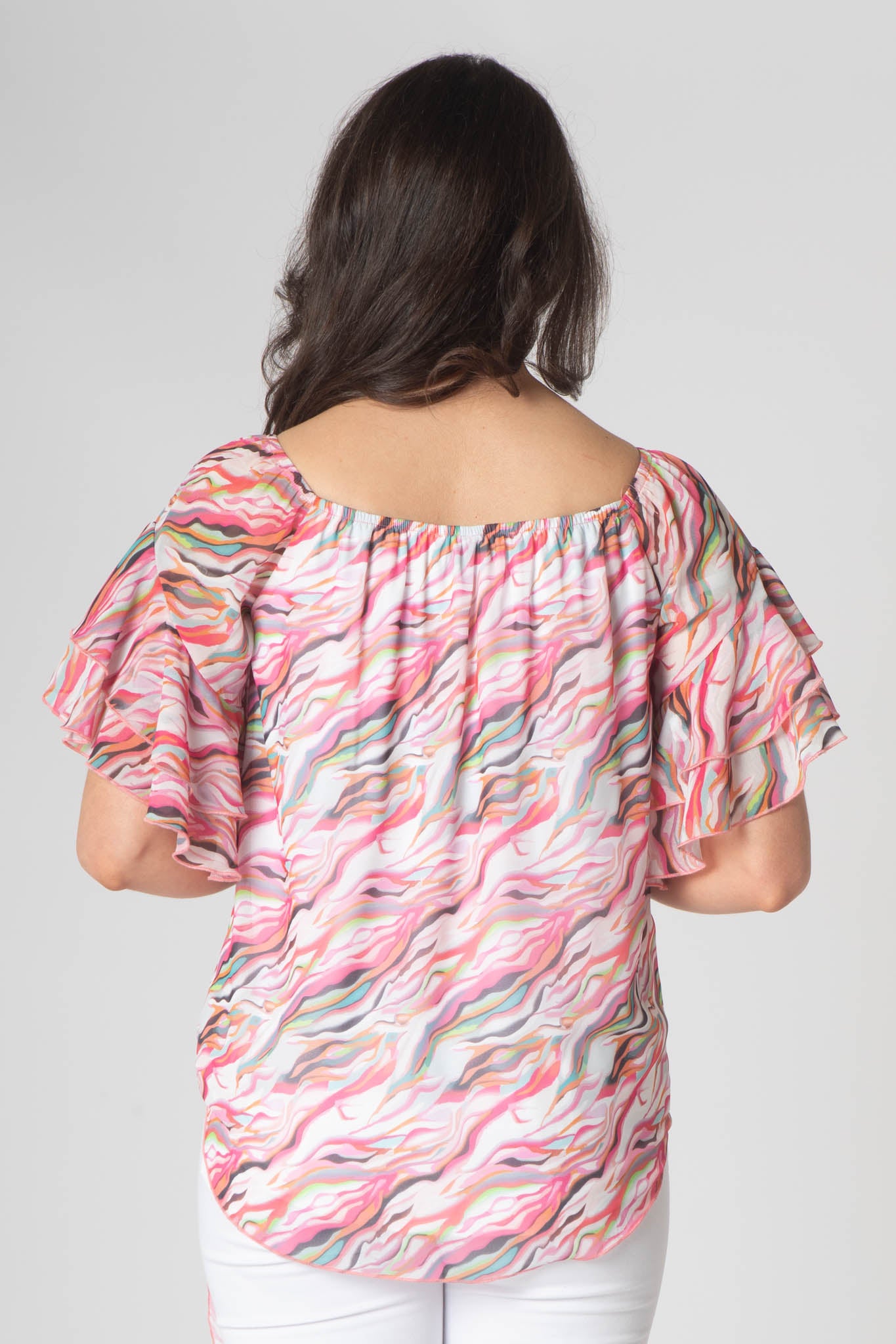 Pippa Gathered Round Neck Top With Tie Hem - Pink & White