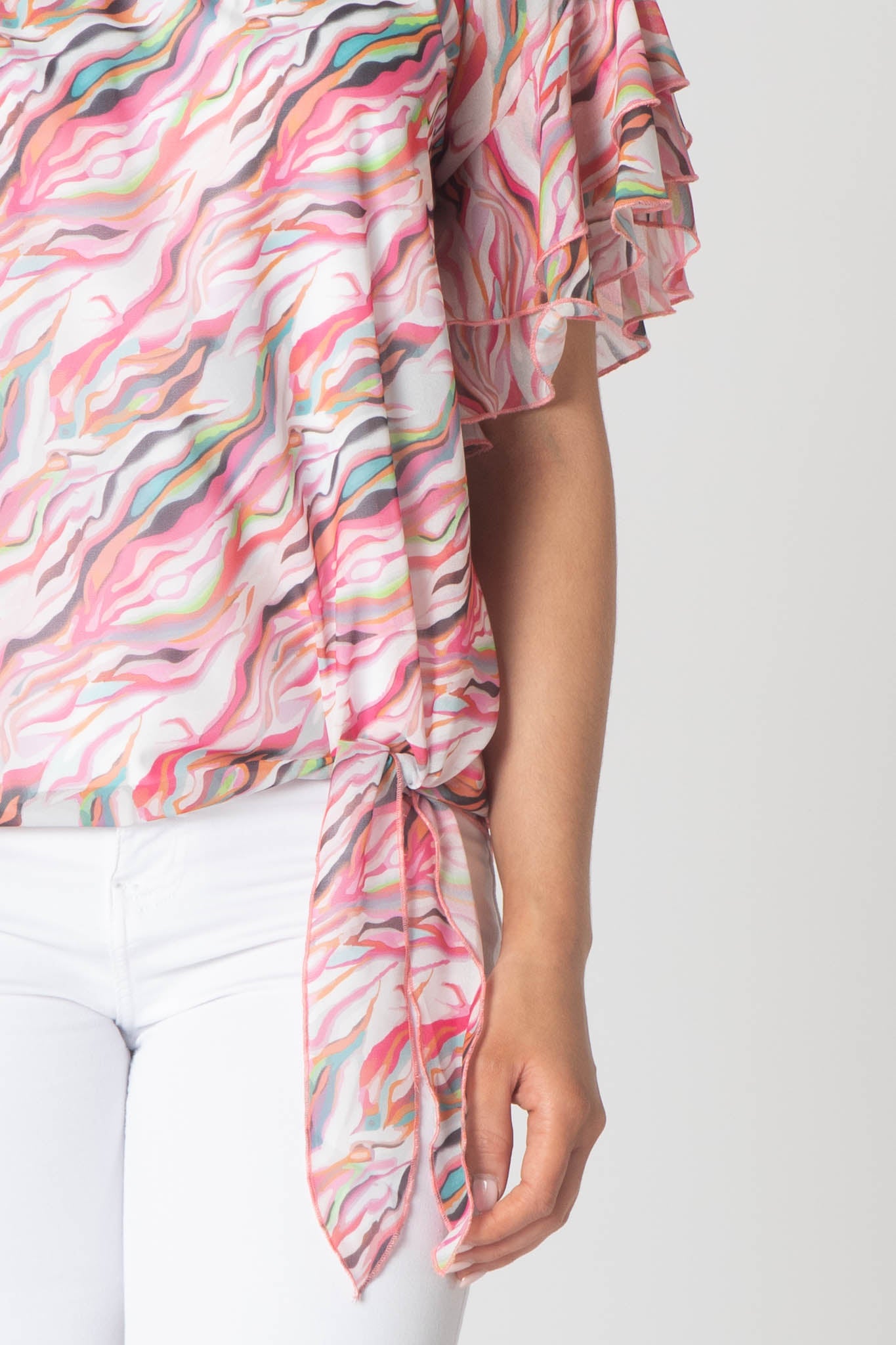 Pippa Gathered Round Neck Top With Tie Hem - Pink & White