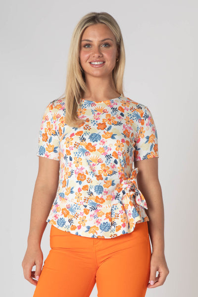 Esper Printed Top With Tie Hem and Short Sleeves - Orange & Pink