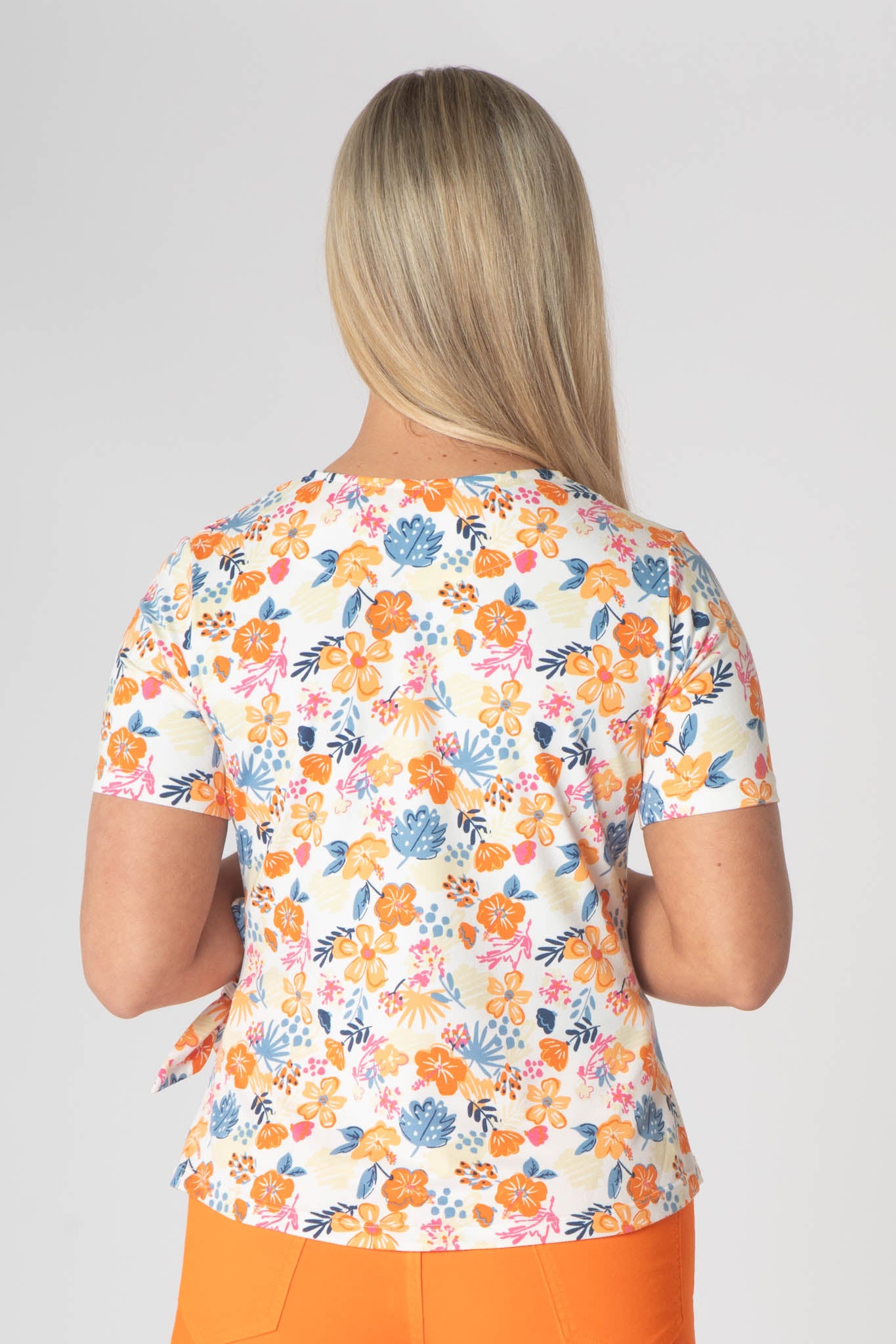 Esper Printed Top With Tie Hem and Short Sleeves - Orange & Pink