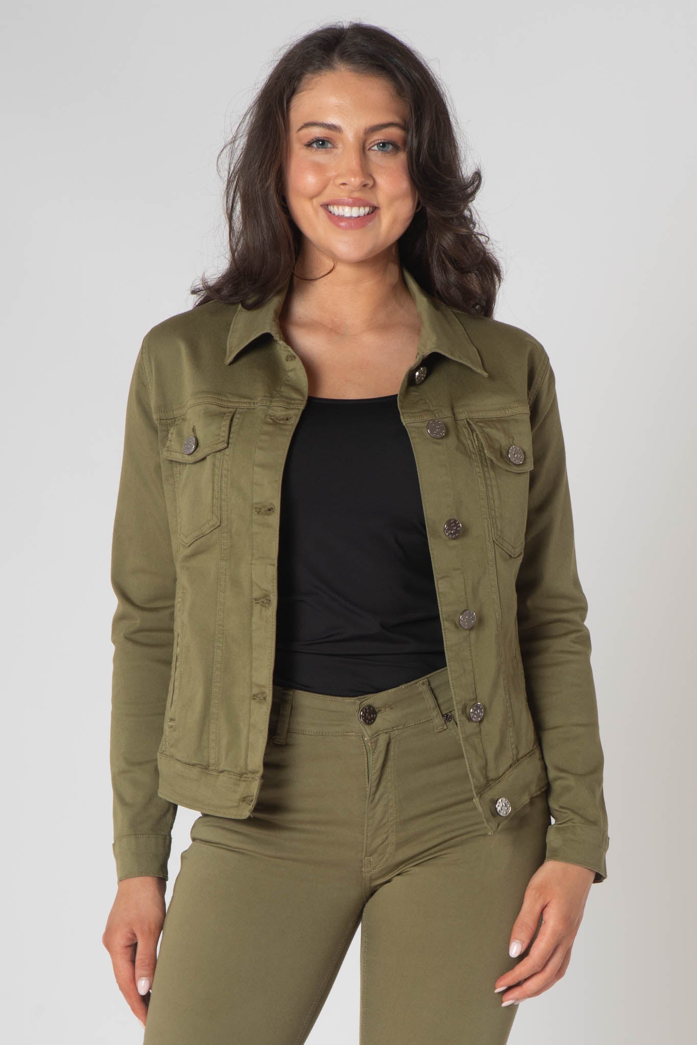 Teagan Classic Denim Jacket with Breast Pockets - Avocado