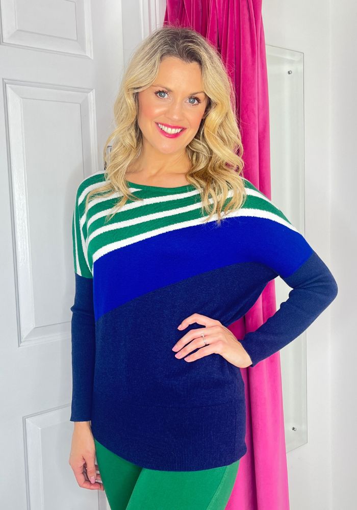 Navy Blue & Green Sweater With Stripes