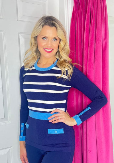 Navy Striped Sweater With Baby Blue Trim