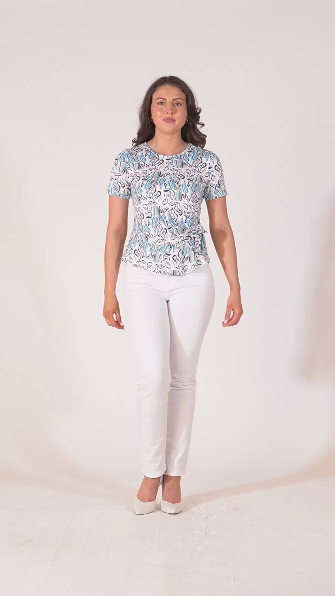 Esper Printed Top With Tie Hem and Short Sleeves - Baby Blue