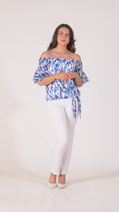 Pippa Gathered Round Neck Top With Tie Hem - Blue Pastel