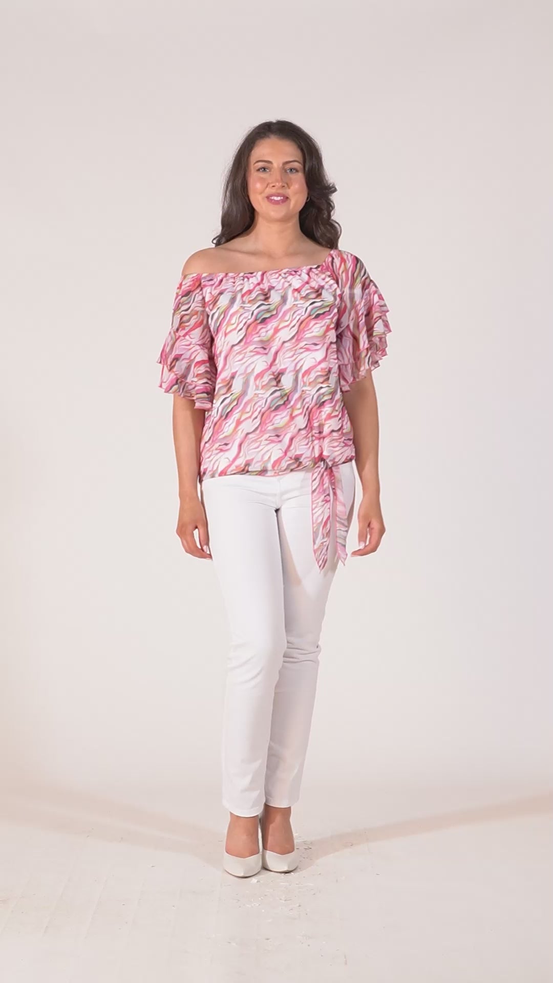 Pippa Gathered Round Neck Top With Tie Hem - Pink & White