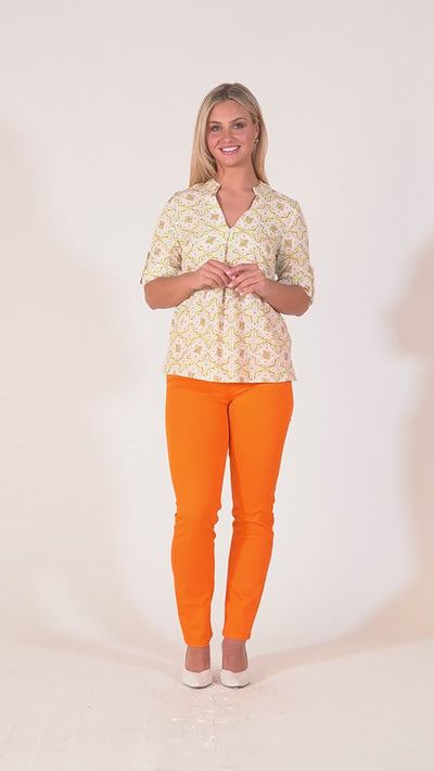 Raven Printed Top With Grandfather Collar - Lime & Orange