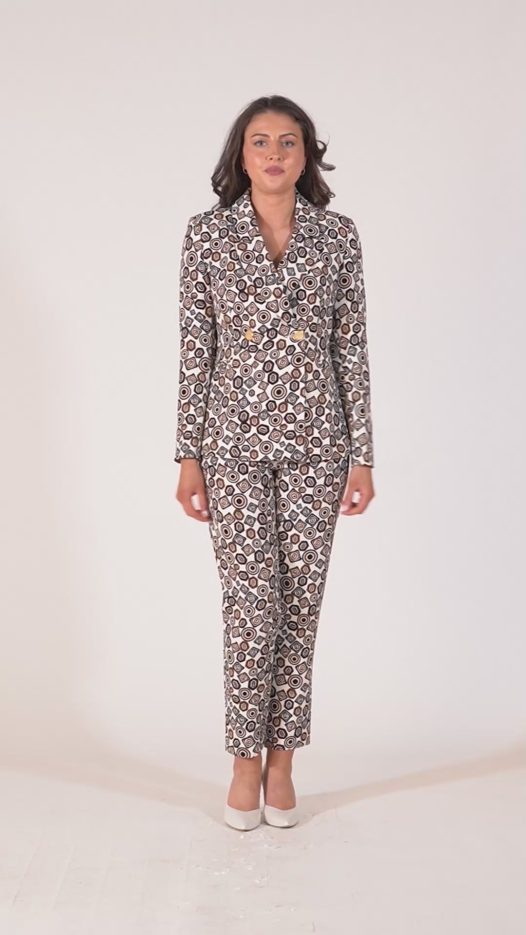 2 Piece Monroe Printed Trouser Suit - Brown & White