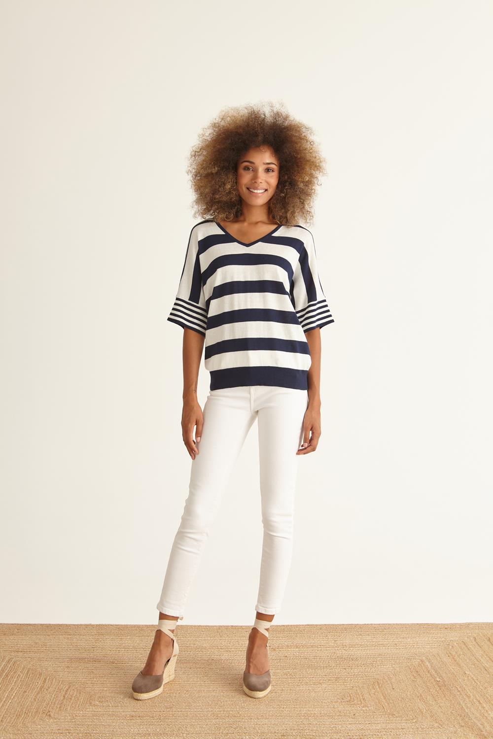 Navy & White Striped 3/4 Sleeve Jumper