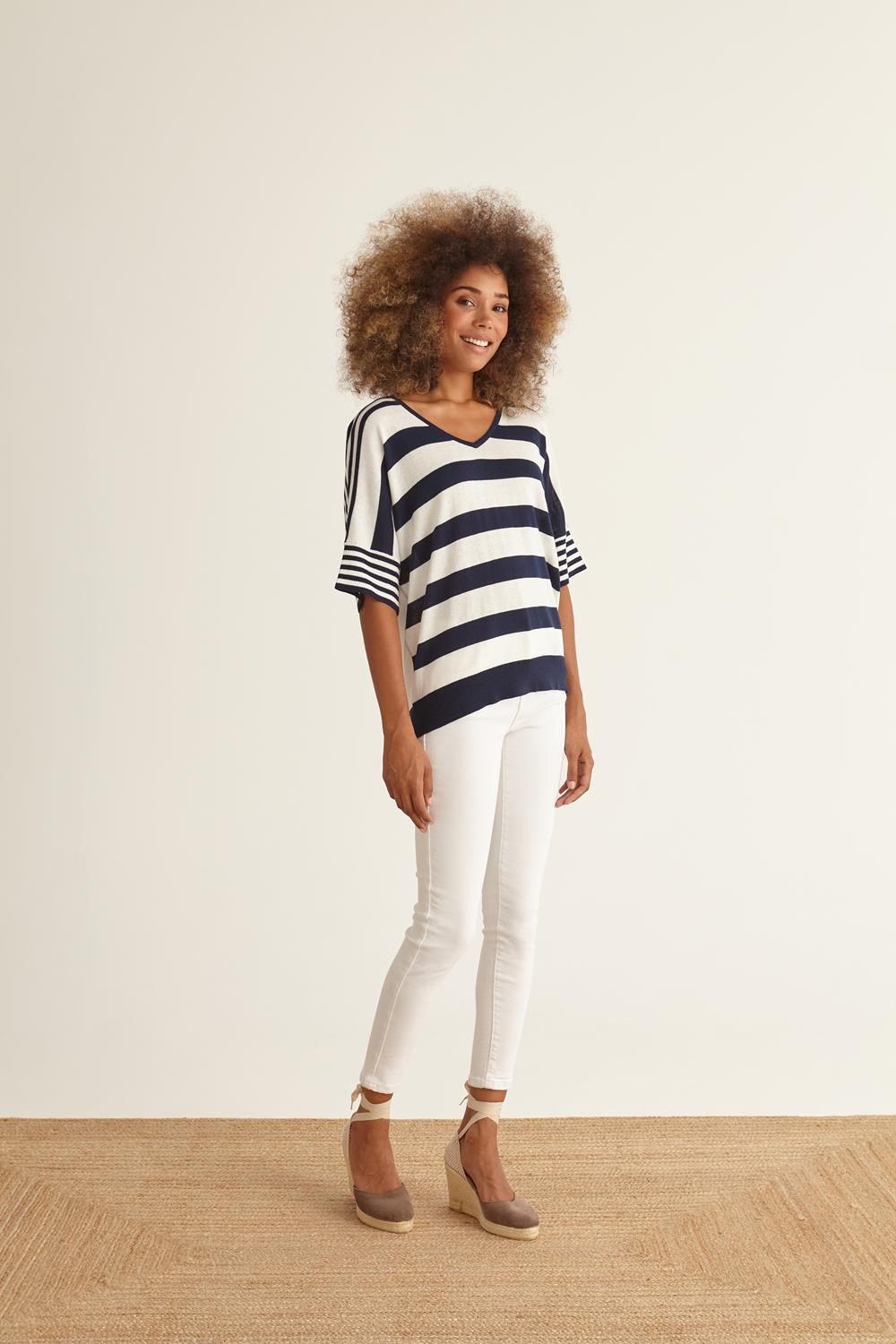 Navy & White Striped 3/4 Sleeve Jumper