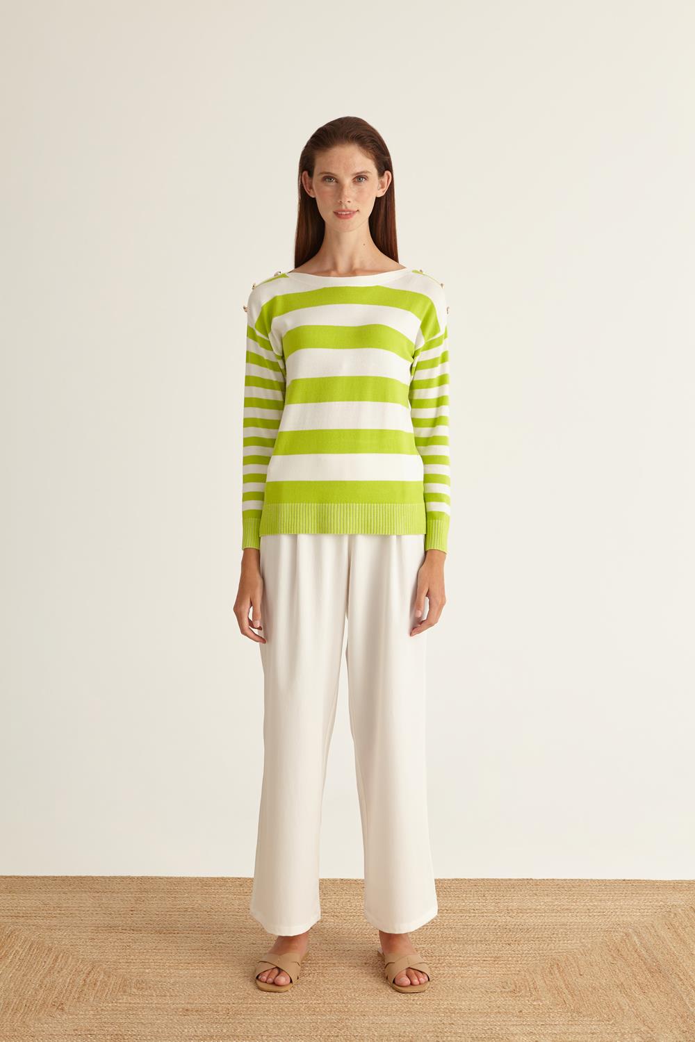 Lime & White Striped Jumper With Button Detail