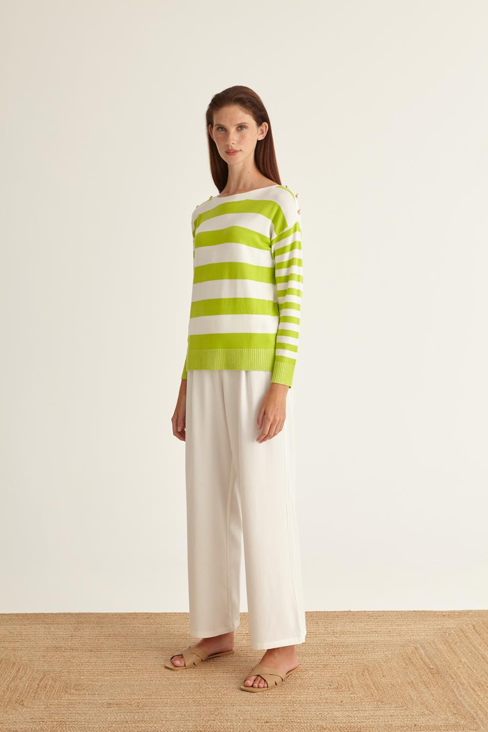 Lime & White Striped Jumper With Button Detail