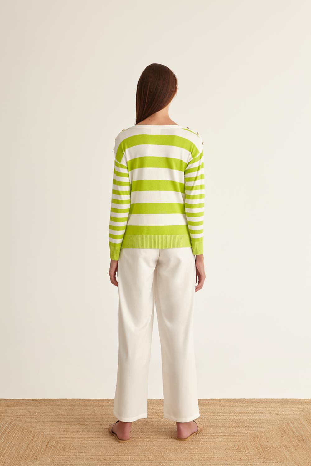 Lime & White Striped Jumper With Button Detail