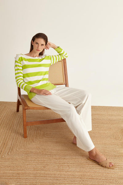 Lime & White Striped Jumper With Button Detail