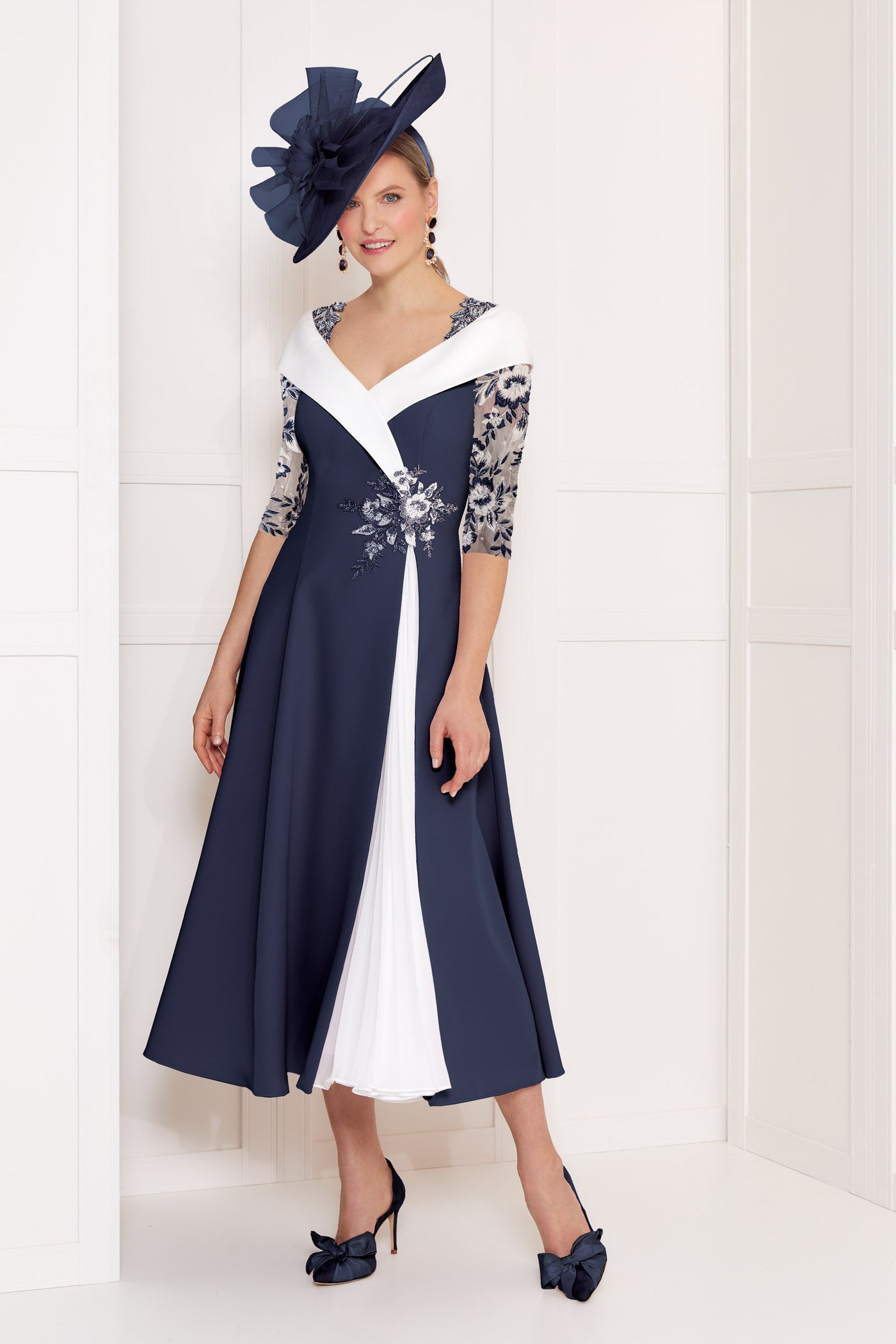 Navy & Ivory Dress with Pleated Panel & Chiffon Embroidered Sleeves