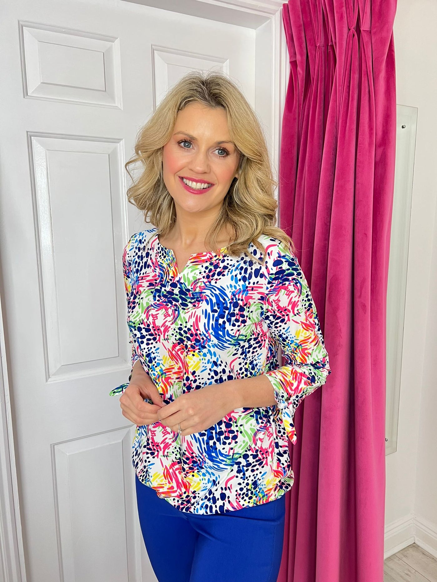 Multicoloured Top With Mini V-Neck & Tie Sleeve